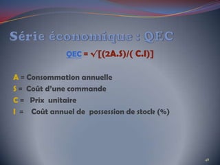 QEC = √[(2A.S)/( C.I)]
A = Consommation annuelle
S = Coût d’une commande
C = Prix unitaire
I = Coût annuel de possession de stock (%)
48
 