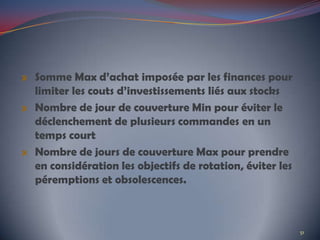 Somme Max d’achat imposée par les finances pour
limiter les couts d’investissements liés aux stocks
Nombre de jour de couverture Min pour éviter le
déclenchement de plusieurs commandes en un
temps court
Nombre de jours de couverture Max pour prendre
en considération les objectifs de rotation, éviter les
péremptions et obsolescences.
51
 