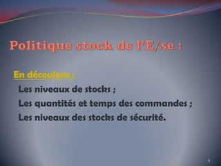 En découlera :
Les niveaux de stocks ;
Les quantités et temps des commandes ;
Les niveaux des stocks de sécurité.
6
 