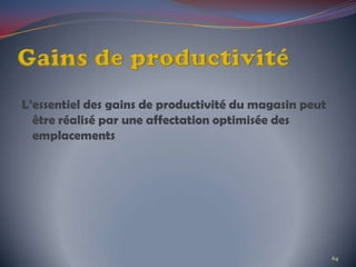 L’essentiel des gains de productivité du magasin peut
être réalisé par une affectation optimisée des
emplacements
64
 