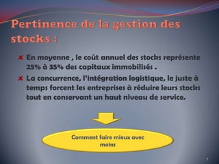 En moyenne , le coût annuel des stocks représente
25% à 35% des capitaux immobilisés .
La concurrence, l’intégration logistique, le juste à
temps forcent les entreprises à réduire leurs stocks
tout en conservant un haut niveau de service.
Comment faire mieux avec
moins
7
 