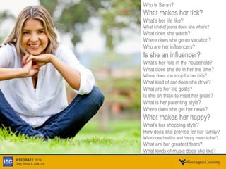 INTEGRATE 2016
Greg Stroud & Julie Link
Who is Sarah?
What makes her tick?
What’s her life like?
What kind of jeans does she where?
What does she watch?
Where does she go on vacation?
Who are her influencers?
Is she an influencer?
What’s her role in the household?
What does she do in her me time?
Where does she shop for her kids?
What kind of car does she drive?
What are her life goals?
Is she on track to meet her goals?
What is her parenting style?
Where does she get her news?
What makes her happy?
What’s her shopping style?
How does she provide for her family?
What does healthy and happy mean to her?
What are her greatest fears?
What kinds of music does she like?
 