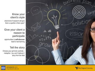 INTEGRATE 2016
Greg Stroud & Julie Link
Know your
client’s style
what kind of research will give
them a sparkle in their eyes?
Give your client a
reason to
participate
opportunities to self-discover
lead to real learning
Tell the story
Choose your gimmick carefully –
metaphor, ‘you won’t believe it’
story from the field
 