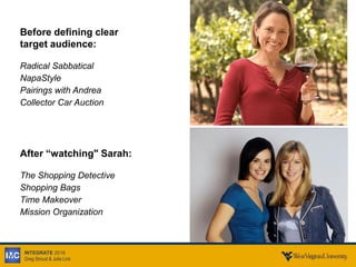 INTEGRATE 2016
Greg Stroud & Julie Link
Before defining clear
target audience:
Radical Sabbatical
NapaStyle
Pairings with Andrea
Collector Car Auction
After “watching" Sarah:
The Shopping Detective
Shopping Bags
Time Makeover
Mission Organization
 