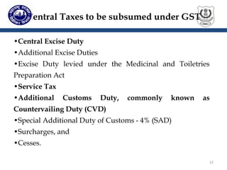121212
Central Taxes to be subsumed under GST
•Central Excise Duty
•Additional Excise Duties
•Excise Duty levied under the Medicinal and Toiletries
Preparation Act
•Service Tax
•Additional Customs Duty, commonly known as
Countervailing Duty (CVD)
•Special Additional Duty of Customs - 4% (SAD)
•Surcharges, and
•Cesses.
 