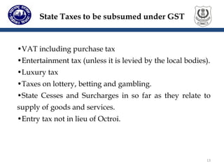 13
State Taxes to be subsumed under GST
•VAT including purchase tax
•Entertainment tax (unless it is levied by the local bodies).
•Luxury tax
•Taxes on lottery, betting and gambling.
•State Cesses and Surcharges in so far as they relate to
supply of goods and services.
•Entry tax not in lieu of Octroi.
 
