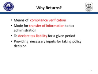 Why Returns?
• Means of compliance verification
• Mode for transfer of information to tax
administration
• To declare tax liability for a given period
• Providing necessary inputs for taking policy
decision
30
 