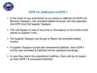 Returns for Taxpayers
GSTR 1A: Addendum to GSTR 1
 In the event of any amendment to an invoice or addition (in GSTR 2 of
Receiver Taxpayer), the amended/added invoice(s) will auto populate
the GSTR 1A of the Supplier Taxpayer.
 This will happen in case of any error or discrepancy in the invoice level
details at supplier’s end.
 The Supplier Taxpayer can Accept or Reject the amended/added
invoice.
 If Supplier Taxpayer accepts the amendment/addition, their GSTR 1
will be auto-amended & liabilities will be updated accordingly.
 In case they reject the amendment/addition, there will be no impact
on their GSTR 1 & associated liabilities.
 