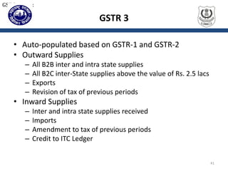 GSTR 3
• Auto-populated based on GSTR-1 and GSTR-2
• Outward Supplies
– All B2B inter and intra state supplies
– All B2C inter-State supplies above the value of Rs. 2.5 lacs
– Exports
– Revision of tax of previous periods
• Inward Supplies
– Inter and intra state supplies received
– Imports
– Amendment to tax of previous periods
– Credit to ITC Ledger
41
GST Returns:
 