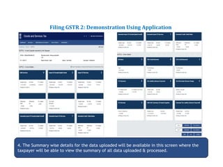 Returns for Taxpayers
Filing GSTR 2: Demonstration Using Application
4. The Summary wise details for the data uploaded will be available in this screen where the
taxpayer will be able to view the summary of all data uploaded & processed.
 