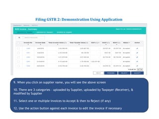 Returns for Taxpayers
Filing GSTR 2: Demonstration Using Application
9. When you click on supplier name, you will see the above screen
10. There are 3 categories – uploaded by Supplier, uploaded by Taxpayer (Receiver), &
modified by Supplier
11. Select one or multiple invoices to Accept & then to Reject (if any)
12. Use the action button against each invoice to edit the invoice if necessary
 