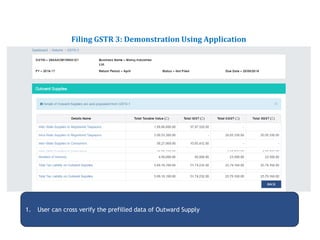 Returns for Taxpayers
Filing GSTR 3: Demonstration Using Application
1. User can cross verify the prefilled data of Outward Supply
 