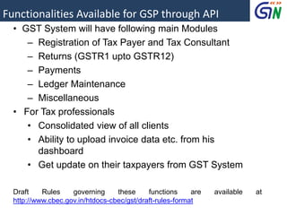 Functionalities Available for GSP through API
• GST System will have following main Modules
‒ Registration of Tax Payer and Tax Consultant
‒ Returns (GSTR1 upto GSTR12)
‒ Payments
‒ Ledger Maintenance
‒ Miscellaneous
• For Tax professionals
• Consolidated view of all clients
• Ability to upload invoice data etc. from his
dashboard
• Get update on their taxpayers from GST System
Draft Rules governing these functions are available at
http://www.cbec.gov.in/htdocs-cbec/gst/draft-rules-format
 