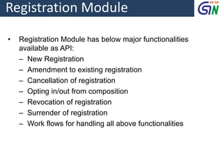 Registration Module
• Registration Module has below major functionalities
available as API:
‒ New Registration
‒ Amendment to existing registration
‒ Cancellation of registration
‒ Opting in/out from composition
‒ Revocation of registration
‒ Surrender of registration
‒ Work flows for handling all above functionalities
 