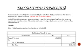 Tax collected at source (TCS) is the tax collected by the seller from the buyer on sale so that it can be
deposited with the tax authorities. [Section 206C of Income Tax Act]
Under TCS, certain persons are required to collect a specified percentage of tax from their buyers on
exceptional transactions. Most of these transactions are trading or business in nature. It does not affect
the common man.
Example:
Shine Pvt Ltd bought scrap from Icon Pvt. Ltd. of Rs 1,00,000.
In Books of Icon Pvt. Ltd.
Particulars Dr. Cr.
Shine Pvt. Ltd.
Dr.
1,01,000
To TCS Payable 1,000
To Sale 1,00,000
 
