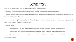 ACTIVITIES TO BE TREATED AS SUPPLY EVEN IF MADE WITHOUT CONSIDERATION
(1) Permanent transfer or disposal of business assets where input tax credit has been availed on such assets.
(2) Supply of goods or services or both between related persons or between distinct persons as specified in section 25, when made in
the course or furtherance of business:
Provided that gifts not exceeding fifty thousand rupees in value in a financial year by an employer to an employee shall
not be treated as supply of goods or services or both.
(3) Supply of goods-
(a) by a principal to his agent where the agent undertakes to supply such goods on behalf of the principal; or
(b) by an agent to his principal where the agent undertakes to receive such goods on behalf of the principal.
(4) Import of services by a 1[person] from a related person or from any of his other establishments outside India, in the course or
furtherance of business.
 