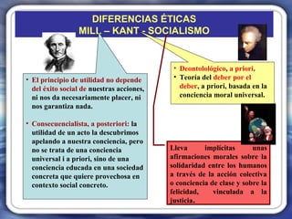 DIFERENCIAS ÉTICAS 
MILL – KANT - SOCIALISMO 
• El principio de utilidad no depende 
del éxito social de nuestras acciones, 
ni nos da necesariamente placer, ni 
nos garantiza nada. 
• Consecuencialista, a posteriori: la 
utilidad de un acto la descubrimos 
apelando a nuestra conciencia, pero 
no se trata de una conciencia 
universal i a priori, sino de una 
conciencia educada en una sociedad 
concreta que quiere provechosa en 
contexto social concreto. 
• Deontolológico, a priori. 
• Teoría del deber por el 
deber, a priori, basada en la 
conciencia moral universal. 
Lleva implícitas unas 
afirmaciones morales sobre la 
solidaridad entre los humanos 
a través de la acción colectiva 
o conciencia de clase y sobre la 
felicidad, vinculada a la 
justicia. 
 