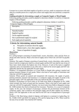It means two or more individual supplies of goods or services, made in conjunction with each
other by a taxable person for a single price where such supply does not constitute a composite
supply.
Guiding principles for determining a supply as Composite Supply or Mixed Supply
Following guiding principles could be adopted to determine whether it would be a Composite
Supply or Mixed Supply:
Illustrations
Problem 1:
R is selling hampers consisting of canned foods, sweets, chocolates, cakes and dry fruits on
diwali and other festivals. What is the kind of supply and at which rate will GST be payable
by R?
Solution: The supply of hamper consisting of canned foods, sweets, chocolates, cakes and dry
fruits if sold for a single price shall be a mixed supply and the GST rate shall be rate of any of
these items which attracts the highest rate of tax. However, if each of the items is supplied
separately and is not dependant on any other item, it shall not be mixed supply and GST rate
applicable shall be the rate applicable for each supply.
Problem 2: R dispatched chocolates to G from Delhi to Punjab after getting it packed and
paying insurance charges of such goods. What is the kind of such supply of chocolates and
what rate will GST be applicable?
Solution: Where goods are packed and transported with insurance, the supply of goods,
packing materials, transport and insurance is a composite supply and supply of goods is the
principal supply. GST rate applicable in this case shall be the GST rate of chocolates.
Problem3: R purchases air travel ticket of Air India from Delhi to Bangalore for Rs. 9,000
which includes free food on board and free insurance. What is the kind of such supply and
what rate will GST be applicable? Solution: Air travel ticket from Delhi to Bangalore costing
Rs. 9,000 includes free food on board and free insurance. Therefore, it is a case of composite
supply. In this case, the transport of passenger, institutes the pre-dominant element of the
composite supply, and is treated as the principal supply and all other supplies are ancillary.
Hence, GST rate applicable in this case shall be the GST rate of transportation of passenger
by air.
Problem 4: Mr. Ram being a dealer in laptops, sold laptop to a customer in Laptop Bag, for
Rs. 55,000. CGST and SGST for laptop @ 18% and for laptop bag @ 28%. What would be
the rate of tax leviable? Also find the GST liability.
 