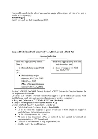 Non-taxable supply is the sale of any good or service which attracts nil rate of tax and is
similar to exempt supply.
Taxable Supply
Supply on which tax shall be paid under GST.
Levy and Collection of GST under CGST Act, IGST Act and UTGST Act
Section 9 of CGST Act/SGST Act and Section 5 of IGST Act are the Charging Sections for
the purposes of levy of GST.
CGST and SGST shall be levied on all intra-state supplies of goods and/or services and IGST
shall be levied on all inter-state supplies of goods and/or services respectively.
A. Levy and Collection of GST Under CGST Act. (Section 9)
1. Levy of central goods and service tax [Section 9(1)]:
U/s 9(1) of CGST Act, 2017 there shall be levied a tax –
 Called the Central Goods and Services Tax (CGST);
 On all the intra-state supplies of goods or services or both, except on supply of
alcoholic liquor for human consumption;
 On the value determined u/s 15; and
 At such a rate (maximum 20%,) as notified by the Central Government on
recommendation of GST Council; and
 Collected in such a manner as may be prescribed; and
 Shall be paid by the taxable person.
 