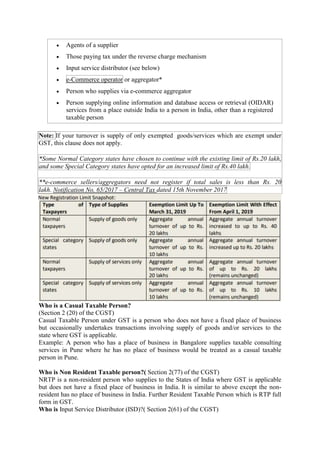  Agents of a supplier
 Those paying tax under the reverse charge mechanism
 Input service distributor (see below)
 e-Commerce operator or aggregator*
 Person who supplies via e-commerce aggregator
 Person supplying online information and database access or retrieval (OIDAR)
services from a place outside India to a person in India, other than a registered
taxable person
Note: If your turnover is supply of only exempted goods/services which are exempt under
GST, this clause does not apply.
*Some Normal Category states have chosen to continue with the existing limit of Rs.20 lakh,
and some Special Category states have opted for an increased limit of Rs.40 lakh.
**e-commerce sellers/aggregators need not register if total sales is less than Rs. 20
lakh. Notification No. 65/2017 – Central Tax dated 15th November 2017
Who is a Casual Taxable Person?
(Section 2 (20) of the CGST)
Casual Taxable Person under GST is a person who does not have a fixed place of business
but occasionally undertakes transactions involving supply of goods and/or services to the
state where GST is applicable.
Example: A person who has a place of business in Bangalore supplies taxable consulting
services in Pune where he has no place of business would be treated as a casual taxable
person in Pune.
Who is Non Resident Taxable person?( Section 2(77) of the CGST)
NRTP is a non-resident person who supplies to the States of India where GST is applicable
but does not have a fixed place of business in India. It is similar to above except the non-
resident has no place of business in India. Further Resident Taxable Person which is RTP full
form in GST.
Who is Input Service Distributor (ISD)?( Section 2(61) of the CGST)
 