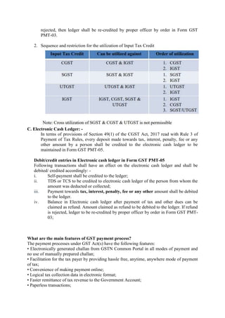 rejected, then ledger shall be re-credited by proper officer by order in Form GST
PMT-03.
2. Sequence and restriction for the utilization of Input Tax Credit
C. Electronic Cash Ledger: -
In terms of provisions of Section 49(1) of the CGST Act, 2017 read with Rule 3 of
Payment of Tax Rules, every deposit made towards tax, interest, penalty, fee or any
other amount by a person shall be credited to the electronic cash ledger to be
maintained in Form GST PMT-05.
Debit/credit entries in Electronic cash ledger in Form GST PMT-05
Following transactions shall have an effect on the electronic cash ledger and shall be
debited/ credited accordingly: -
i. Self-payment shall be credited to the ledger;
ii. TDS or TCS to be credited to electronic cash ledger of the person from whom the
amount was deducted or collected;
iii. Payment towards tax, interest, penalty, fee or any other amount shall be debited
to the ledger.
iv. Balance in Electronic cash ledger after payment of tax and other dues can be
claimed as refund. Amount claimed as refund to be debited to the ledger. If refund
is rejected, ledger to be re-credited by proper officer by order in Form GST PMT-
03;
What are the main features of GST payment process?
The payment processes under GST Act(s) have the following features:
• Electronically generated challan from GSTN Common Portal in all modes of payment and
no use of manually prepared challan;
• Facilitation for the tax payer by providing hassle free, anytime, anywhere mode of payment
of tax;
• Convenience of making payment online;
• Logical tax collection data in electronic format;
• Faster remittance of tax revenue to the Government Account;
• Paperless transactions;
 