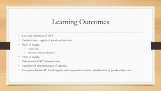 Learning Outcomes
• Levy and collection of GST
• Taxable event - supply of goods and services
• Place of supply,
• within state,
• interstate, import and export,
• Time of supply,
• Valuation for GST Valuation rules,
• Taxability of reimbursement of expense,
• Exemption from GST: Small supplier and composition scheme, classification of goods and service.
 