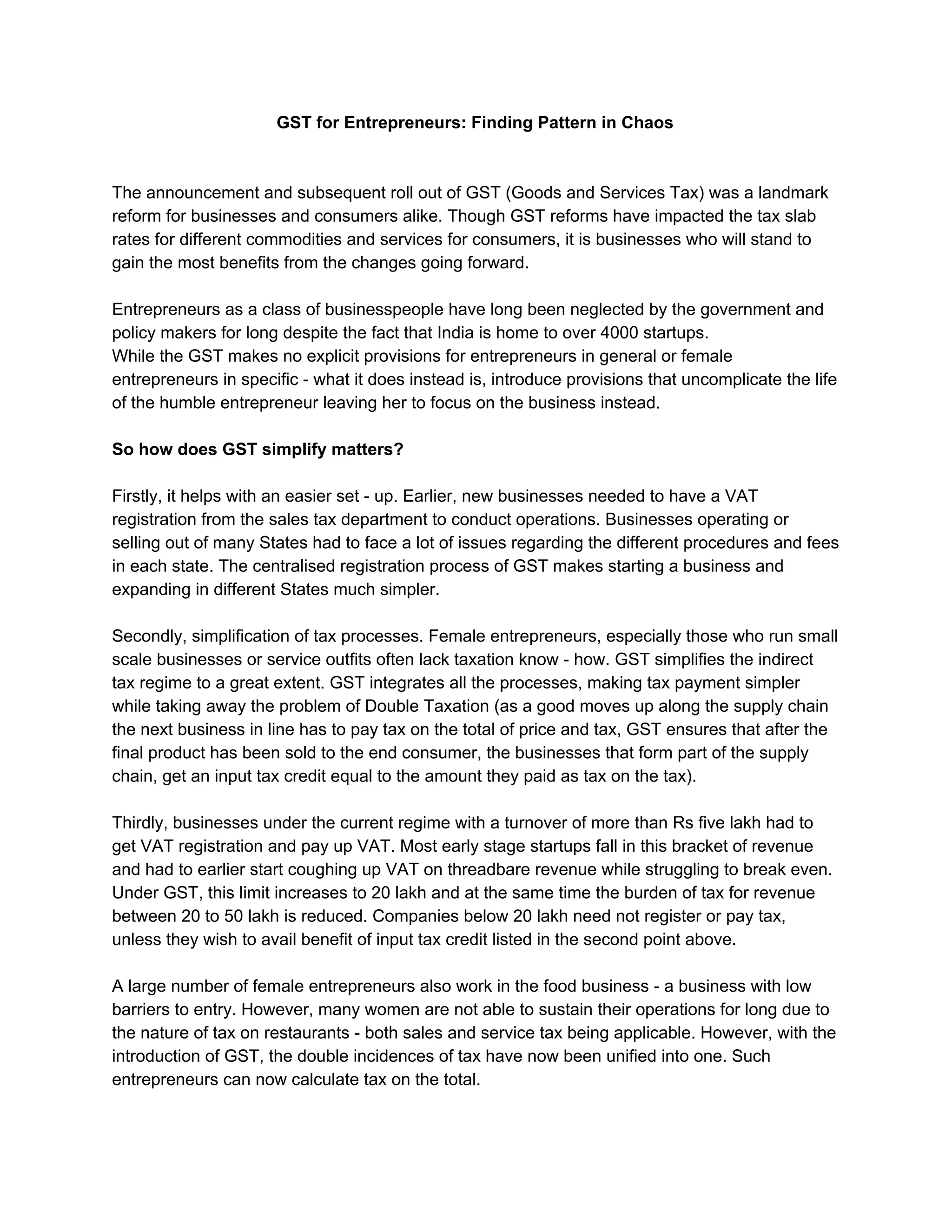 GST: An Introduction for Entrepreneurs | PDF