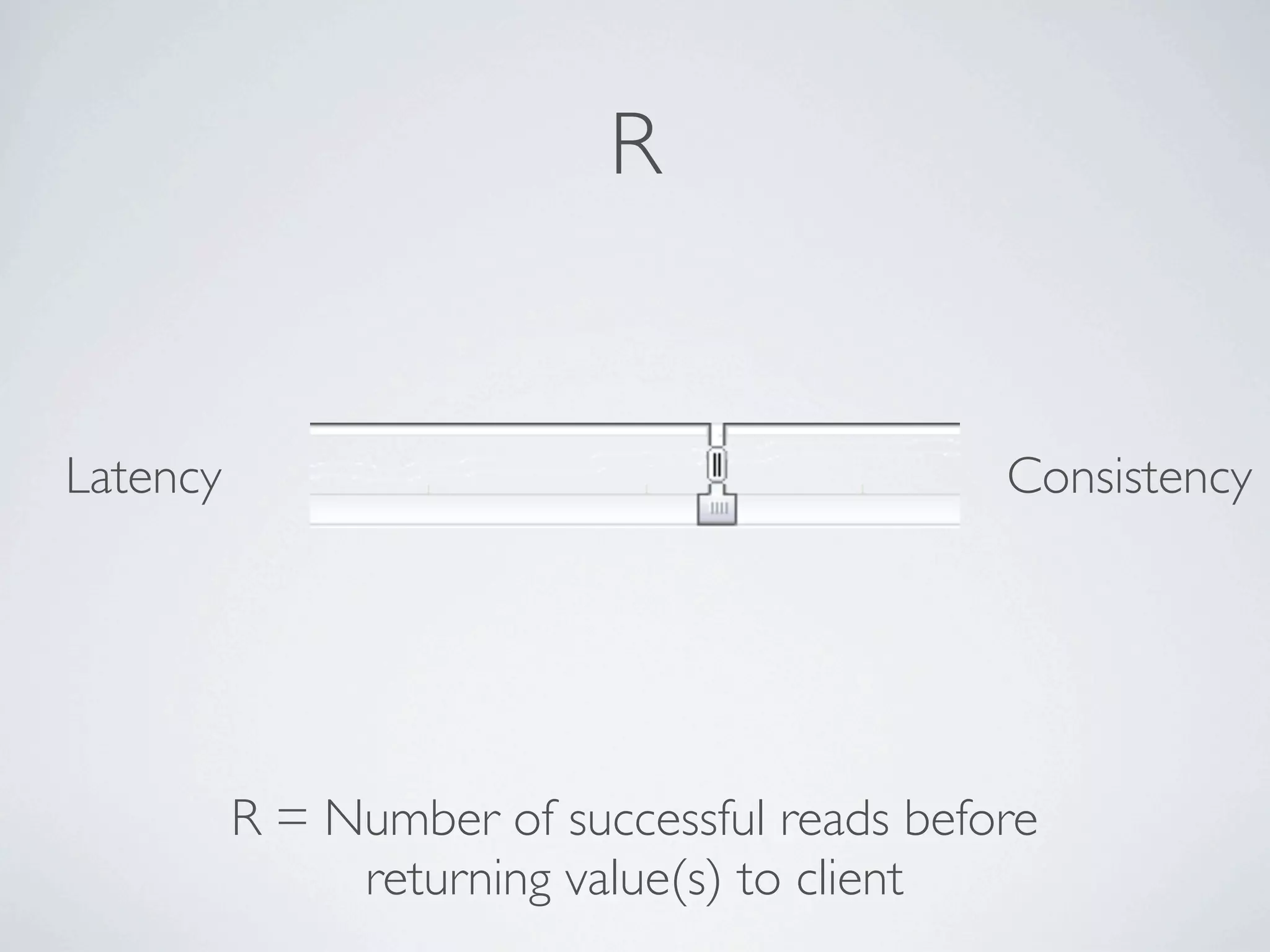 R


Latency                                      Consistency




          R = Number of successful reads before
               returning value(s) to client
 
