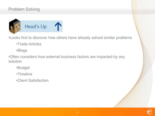 Problem Solving11Looks first to discover how others have already solved similar problems