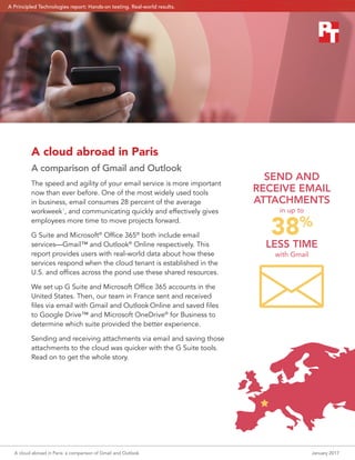 A cloud abroad in Paris: a comparison of Gmail and Outlook	 January 2017
A cloud abroad in Paris
A comparison of Gmail and Outlook
The speed and agility of your email service is more important
now than ever before. One of the most widely used tools
in business, email consumes 28 percent of the average
workweek1
, and communicating quickly and effectively gives
employees more time to move projects forward.
G Suite and Microsoft®
Office 365®
both include email
services—Gmail™ and Outlook®
Online respectively. This
report provides users with real-world data about how these
services respond when the cloud tenant is established in the
U.S. and offices across the pond use these shared resources.
We set up G Suite and Microsoft Office 365 accounts in the
United States. Then, our team in France sent and received
files via email with Gmail and Outlook Online and saved files
to Google Drive™ and Microsoft OneDrive®
for Business to
determine which suite provided the better experience.
Sending and receiving attachments via email and saving those
attachments to the cloud was quicker with the G Suite tools.
Read on to get the whole story.
SEND AND
RECEIVE EMAIL
ATTACHMENTS
in up to
38%
LESS TIME
with Gmail
A Principled Technologies report: Hands-on testing. Real-world results.
 