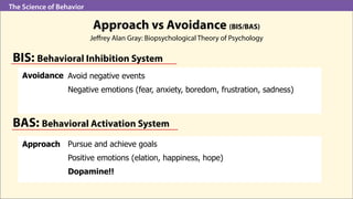 The Science of Behavior
Approach vs Avoidance (BIS/BAS)
Jeffrey Alan Gray: Biopsychological Theory of Psychology
BAS: Beha...