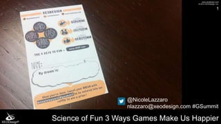 www.xeodesign.com
© 2014 XEODesign, Inc.
XEODesign®
Science of Fun 3 Ways Games Make Us Happier
1
@NicoleLazzaro
nlazzaro@xeodesign.com #GSummit
 