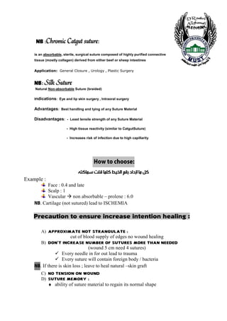 :Chromic Catgut suture:

    is an absorbable, sterile, surgical suture composed of highly purified connective
    tissue (mostly collagen) derived from either beef or sheep intestines


    Application: General Closure , Urology , Plastic Surgery


         : Silk Suture
    Natural Non-absorbable Suture (braided)

    Indications: Eye and lip skin surgery , Intraoral surgery

    Advantages: Best handling and tying of any Suture Material

    Disadvantages: - Least tensile strength of any Suture Material

                       - High tissue reactivity (similar to CatgutSuture)

                       - Increases risk of infection due to high capillarity




                                        :esoohc ot woH
                               ‫ﻛﻞ ﻣﺎ ﺍﺯﺩﺍﺩ ﺭﻗﻢ ﺍﻟﺨﻴﻂ ﻛﻠﻤﺎ ﻗﻠﺖ ﺳﻤﺎﻛﺘﻪ‬
Example :
             Face : 0.4 and late
             Scalp : 1
             Vascular non absorbable – prolene : 6.0
    BN   . Cartilage (not sutured) lead to ISCHEMIA

    Precaution to ensure increase intention healing :

         A) approximate not strangulate
                          cut of blood supply of edges no wound healing
         B) don t increase number of sutures more than needed
                                     (wound 5 cm need 4 sutures)
                      Every needle in for out lead to trauma
                      Every suture will contain foreign body / bacteria
    BN   . If there is skin loss ; leave to heal natural –skin graft
         C) no tension on wound
         D) suture memory
             ♦ ability of suture material to regain its normal shape



    9
 