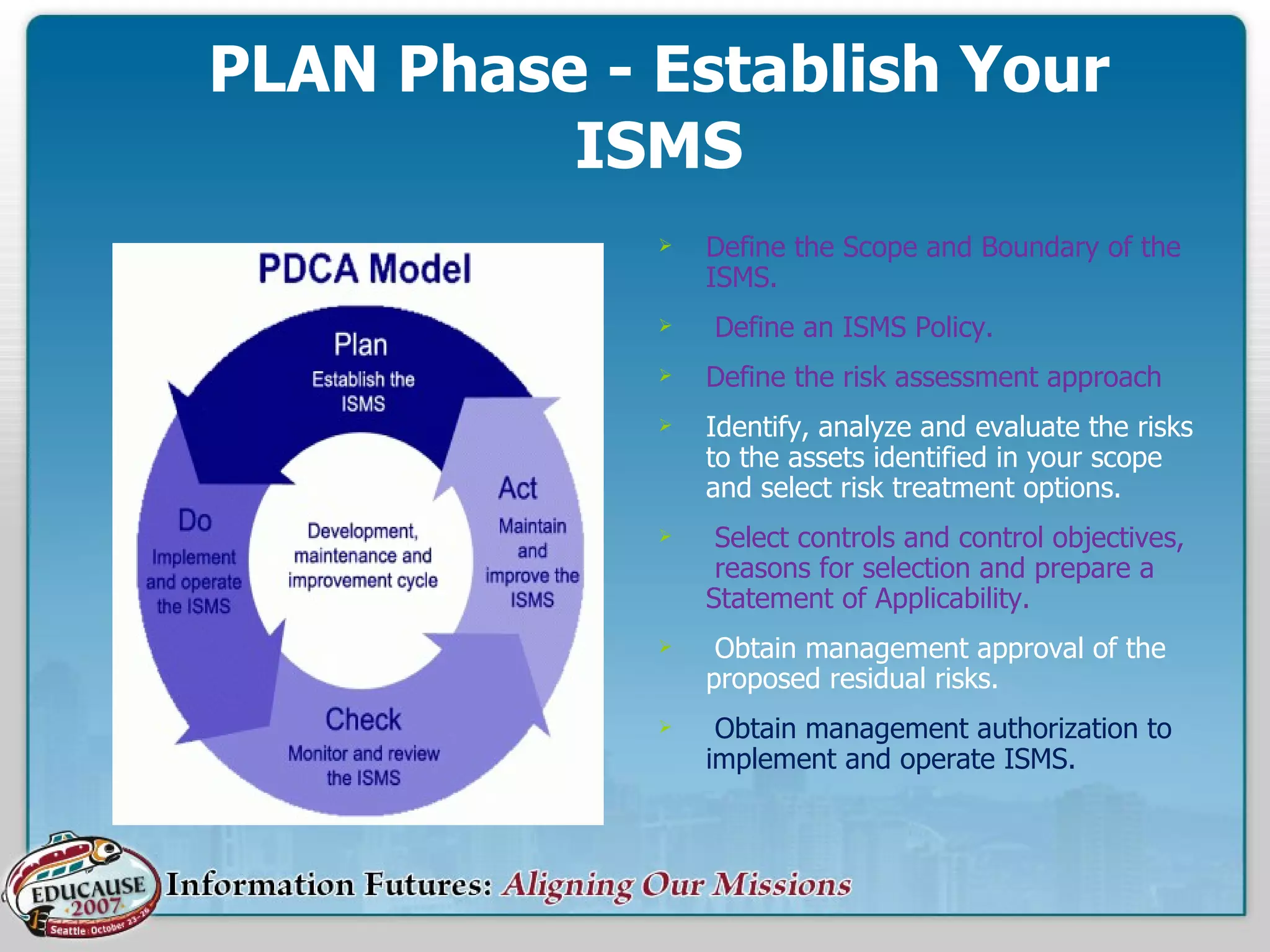 PLAN Phase - Establish Your ISMS Define the Scope and Boundary of the ISMS. Define an ISMS Policy. Define the risk assessment approach  Identify, analyze and evaluate the risks to the assets identified in your scope and select risk treatment options. Select controls and control objectives,  reasons for selection and prepare a Statement of Applicability. Obtain management approval of the proposed residual risks. Obtain management authorization to implement and operate ISMS. 