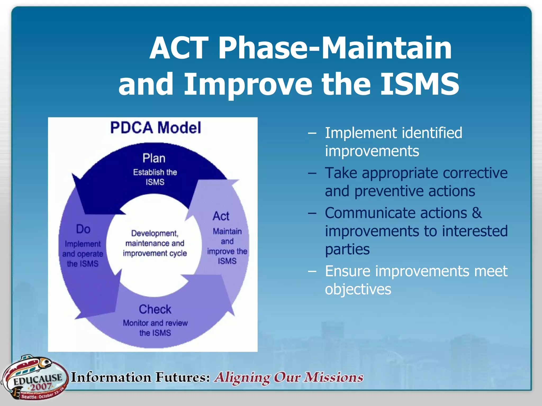   ACT Phase-Maintain   and Improve the ISMS Implement identified improvements Take appropriate corrective and preventive actions Communicate actions & improvements to interested parties Ensure improvements meet objectives 