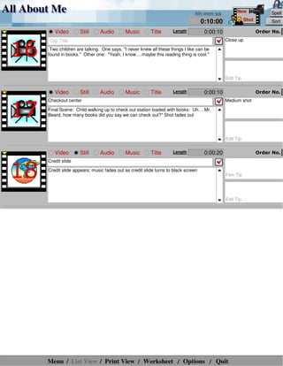 All About Me
0:10:00
hh:mm:ss
All About Me
Shot
New Spell
Sort
Order No.
Two children are talking. One says, "I never knew all these things I like can be
found in books." Other one: "Yeah, I know….maybe this reading thing is cool."
Video Still Audio Music Title 0:00:10Length
Close up
Edit Tip
Clip Title
16
Order No.
Final Scene: Child walking up to check out station loaded with books: Uh….Mr.
Beard, how many books did you say we can check out?" Shot fades out
Video Still Audio Music Title 0:00:10Length
Medium shot
Edit Tip
Checkout center
17
Order No.
Credit slide appears; music fades out as credit slide turns to black screen
Video Still Audio Music Title 0:00:20Length
Film Tip
Edit Tip
Credit slide
18
Menu List View Print View Worksheet Options Quit/ / / / /
 