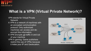 VPN stands for Virtual Private
Network
A VPN is a network of machines with
an encrypted communication
protocol. Only authorized
machines can access and de-
encrypt this information.
A VPN encrypts all traffic in and out
of your machine.
VPN in gaming: Game publishers
restrict the use of VPNs because
it hides your IP and Geolocation.
What is a VPN (Virtual Private Network)?
 