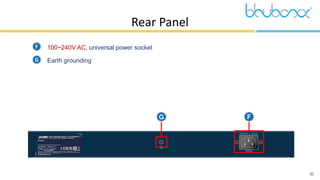 10
Rear Panel
 100~240V AC, universal power socket
 Earth grounding
G F
F
G
 