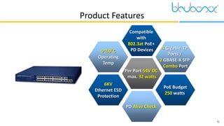 15
Product Features
Per Port 54V DC
max. 32 watts
6KV
Ethernet ESD
Protection
PD Alive Check
PoE Budget
250 watts
4 Gigabit TP
Ports /
2 GBASE-X SFP
Combo Port
Compatible
with
802.3at PoE+
PD Devices
0~50°C
Operating
Temp
 