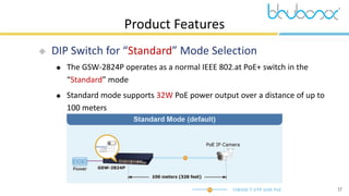 17
Product Features
 DIP Switch for “Standard” Mode Selection
 The GSW-2824P operates as a normal IEEE 802.at PoE+ switch in the
“Standard” mode
 Standard mode supports 32W PoE power output over a distance of up to
100 meters
 