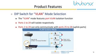 18
Product Features
 DIP Switch for “VLAN” Mode Selection
 The “VLAN” mode features port VLAN isolation function
 Ports 1 to 24 will isolate respectively
 Ports 1 to 24 can only communicate with ports 25 to 28 (uplink ports)
 