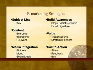 E-marketing Strategies <ul><li>Subject Line </li></ul><ul><ul><li>Key </li></ul></ul><ul><li>Content </li></ul><ul><ul><li...