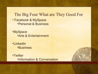 The Big Four What are They Good For <ul><li>Facebook & MySpace </li></ul><ul><ul><li>Personal & Business </li></ul></ul><u...