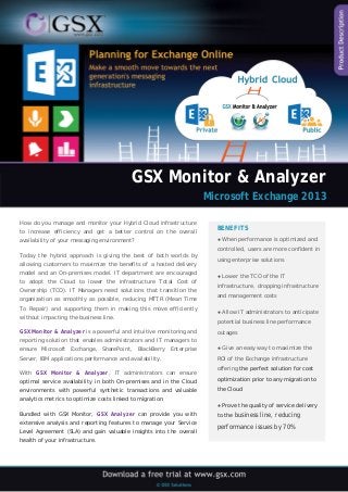 GSX Monitor & Analyzer 
Microsoft Exchange 2013 
How do you manage and monitor your Hybrid Cloud infrastructure to increase efficiency and get a better control on the overall availability of your messaging environment? 
Today the hybrid approach is giving the best of both worlds by allowing customers to maximize the benefits of a hosted delivery model and an On-premises model. IT department are encouraged to adopt the Cloud to lower the infrastructure Total Cost of Ownership (TCO). IT Managers need solutions that transition the organization as smoothly as possible, reducing MTTR (Mean Time To Repair) and supporting them in making this move efficiently without impacting the business line. 
GSX Monitor & Analyzer is a powerful and intuitive monitoring and reporting solution that enables administrators and IT managers to ensure Microsoft Exchange, SharePoint, BlackBerry Enterprise Server, IBM applications performance and availability. 
With GSX Monitor & Analyzer, IT administrators can ensure optimal service availability in both On-premises and in the Cloud environments with powerful synthetic transactions and valuable analytics metrics to optimize costs linked to migration. 
Bundled with GSX Monitor, GSX Analyzer can provide you with extensive analysis and reporting features to manage your Service Level Agreement (SLA) and gain valuable insights into the overall health of your infrastructure. 
BENEFITS 
● When performance is optimized and controlled, users are more confident in using enterprise solutions 
● Lower the TCO of the IT infrastructure, dropping infrastructure and management costs 
● Allow IT administrators to anticipate potential business line performance outages 
● Give an easy way to maximize the ROI of the Exchange infrastructure offering the perfect solution for cost optimization prior to any migration to the Cloud 
● Prove the quality of service delivery to the business line, reducing performance issues by 70%  
