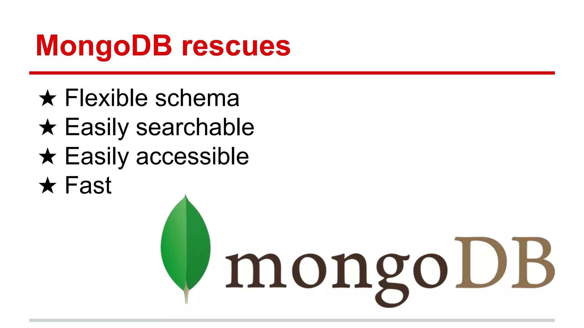 MongoDB rescues
★ Flexible schema
★ Easily searchable
★ Easily accessible
★ Fast
 