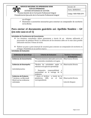 SERVICIO NACIONAL DE APRENDIZAJE SENA
GUÍA DE APRENDIZAJE
SISTEMA INTEGRADO DE GESTIÓN
Proceso Gestión de la Formación Profesional Integral
Procedimiento Ejecución de la Formación Profesional Integral
Versión: 02
Fecha: 30/09/2013
Código: F004-P006-GFPI
en el hogar
 Elementos o accesorios necesarios para conectar un computador de escritorio
en la oficina
Para enviar el documento guárdelo así: Apellido Nombre – G#
(en este caso es el 1)
Actividades de Transferencia del Conocimiento:
 Los términos consultados deben presentarse a través de un informe utilizando el
procesador de palabras Word. La definición de los términos debe ser lo más clara posible
utilizando máximo 3 líneas de texto.
 Elabore un paso a paso (manual de usuario) para conectar un computador de escritorio en
el hogar. Preséntelo en un archivo nuevo.
Actividades de Evaluación:
Evidencias de Aprendizaje Criterios de Evaluacion Tecnicas e Instrumentos
de Evaluacion
Evidencias de Conocimiento: *Presenta dominio adecuado acerca de
los contenidos estudiados en la guía.
Observacion Directa
Evidencias de Desempeño:
Actividad practica
*Realiza las actividades según se
solicitan en la guía de aprendizaje
* Demuestra responsabilidad y
puntualidad en la entrega de la
evidencia
Observación Directa
Evidencias de Producto:
* Archivos en Microsoft
Word con las evidencias
solicitadas
* Envía el Archivo a través de la
plataforma LMS, en el link
correspondiente
Observación Directa
Lista de chequeo
Página 5 de 8
 