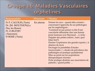 Responsables Réunions Thèmes  Pr P. CACOUB ( Paris)  Dr. JM. MOUTHON(La Hay les Roses) Pr. O.BLETRY ( Suresnes)  D SEME ( Paris) En attente Donner les reco – quand elles existent – concernant l’approche de ces pathologies par les angéiologues : Comment ne pas passer à côté d’une vascularite débutante chez une femme jeune fumeuse avec Raynaud …) ( écho Doppler des petites artères , laser, quel bilan biol?)  Donner l’expérience des grands experts (  si absence de reco) Envisager la possibilité d’études transversales  ( « études de prévalence des pathologies en pratique quotidienne) Mise au point sur les acquisitions thérapeutiques récentes Fiche pratique destinée aux associations de patients / grand public … 