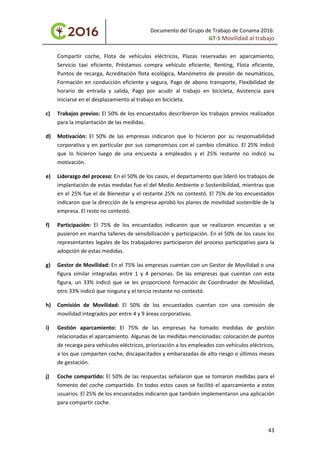 Documento del Grupo de Trabajo de Conama 2016:
GT-5 Movilidad al trabajo
Compartir coche, Flota de vehículos eléctricos, Plazas reservadas en aparcamiento,
Servicio taxi eficiente, Préstamos compra vehículo eficiente, Renting, Flota eficiente,
Puntos de recarga, Acreditación flota ecológica, Manómetro de presión de neumáticos,
Formación en conducción eficiente y segura, Pago de abono transporte, Flexibilidad de
horario de entrada y salida, Pago por acudir al trabajo en bicicleta, Asistencia para
iniciarse en el desplazamiento al trabajo en bicicleta.
c) Trabajos previos: El 50% de los encuestados describieron los trabajos previos realizados
para la implantación de las medidas.
d) Motivación: El 50% de las empresas indicaron que lo hicieron por su responsabilidad
corporativa y en particular por sus compromisos con el cambio climático. El 25% indicó
que lo hicieron luego de una encuesta a empleados y el 25% restante no indicó su
motivación.
e) Liderazgo del proceso: En el 50% de los casos, el departamento que lideró los trabajos de
implantación de estas medidas fue el del Medio Ambiente o Sostenibilidad, mientras que
en el 25% fue el de Bienestar y el restante 25% no contestó. El 75% de los encuestados
indicaron que la dirección de la empresa aprobó los planes de movilidad sostenible de la
empresa. El resto no contestó.
f) Participación: El 75% de los encuestados indicaron que se realizaron encuestas y se
pusieron en marcha talleres de sensibilización y participación. En el 50% de los casos los
representantes legales de los trabajadores participaron del proceso participativo para la
adopción de estas medidas.
g) Gestor de Movilidad: En el 75% las empresas cuentan con un Gestor de Movilidad o una
figura similar integradas entre 1 y 4 personas. De las empresas que cuentan con esta
figura, un 33% indicó que se les proporcionó formación de Coordinador de Movilidad,
otro 33% indicó que ninguna y el tercio restante no contestó.
h) Comisión de Movilidad: El 50% de los encuestados cuentan con una comisión de
movilidad integrados por entre 4 y 9 áreas corporativas.
i) Gestión aparcamiento: El 75% de las empresas ha tomado medidas de gestión
relacionadas el aparcamiento. Algunas de las medidas mencionadas: colocación de puntos
de recarga para vehículos eléctricos, priorización a los empleados con vehículos eléctricos,
a los que comparten coche, discapacitados y embarazadas de alto riesgo o últimos meses
de gestación.
j) Coche compartido: El 50% de las respuestas señalaron que se tomaron medidas para el
fomento del coche compartido. En todos estos casos se facilitó el aparcamiento a estos
usuarios. El 25% de los encuestados indicaron que también implementaron una aplicación
para compartir coche.
43
 