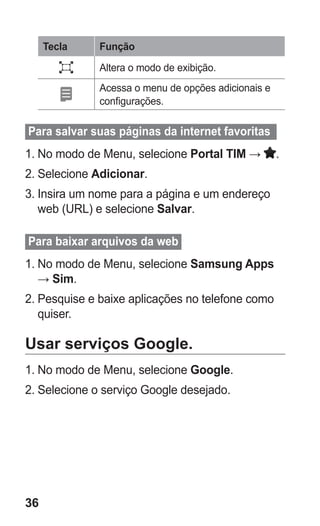 36 
Tecla 
Função 
Altera o modo de exibição. 
Acessa o menu de opções adicionais e configurações. 
Para salvar suas páginas da internet favoritas 
1. No modo de Menu, selecione Portal TIM → . 
2. Selecione Adicionar. 
3. Insira um nome para a página e um endereço web (URL) e selecione Salvar. 
Para baixar arquivos da web 
1. No modo de Menu, selecione Samsung Apps → Sim. 
2. Pesquise e baixe aplicações no telefone como quiser. 
Usar serviços Google. 
1. No modo de Menu, selecione Google. 
2. Selecione o serviço Google desejado. 
 