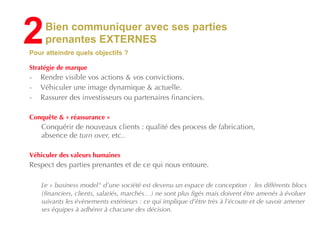 Bien communiquer avec ses parties
prenantes EXTERNES
Pour atteindre quels objectifs ?
!
Stratégie de marque
- Rendre visible vos actions & vos convictions.
- Véhiculer une image dynamique & actuelle.
- Rassurer des investisseurs ou partenaires financiers.
!
Conquête & « réassurance »
Conquérir de nouveaux clients : qualité des process de fabrication,  
absence de turn over, etc..
!
Véhiculer des valeurs humaines
Respect des parties prenantes et de ce qui nous entoure.
!
Le « business model" d’une société est devenu un espace de conception : les différents blocs
(financiers, clients, salariés, marchés…) ne sont plus figés mais doivent être amenés à évoluer
suivants les évènements extérieurs : ce qui implique d’être très à l’écoute et de savoir amener
ses équipes à adhérer à chacune des décision.
2
 